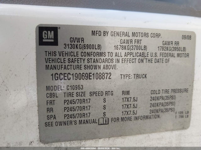45052094 :رقم المزاد ، 1GCEC19069E108872 vin ، 2009 Chevrolet Silverado 1500 Work Truck مزاد بيع