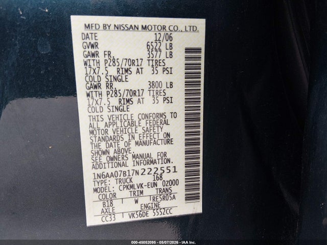 Aukcja sprzedaży 2007 Nissan Titan Le, vin: 1N6AA07B17N222551, numer aukcji: 45052095