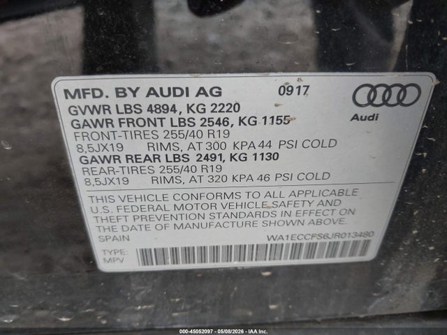 Aukcja sprzedaży 2018 Audi Q3 2.0t Premium/2.0t Sport Premium, vin: WA1ECCFS6JR013480, numer aukcji: 45052097