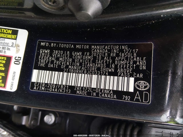 Продажа на аукционе авто 2018 Toyota Corolla Le, vin: 2T1BURHE8JC033174, номер лота: 45052099