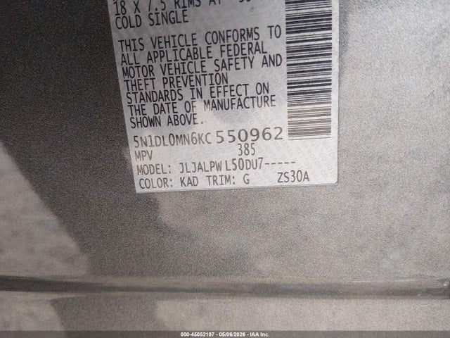 45052107 :رقم المزاد ، 5N1DL0MN6KC550962 vin ، 2019 Infiniti Qx60 Pure مزاد بيع