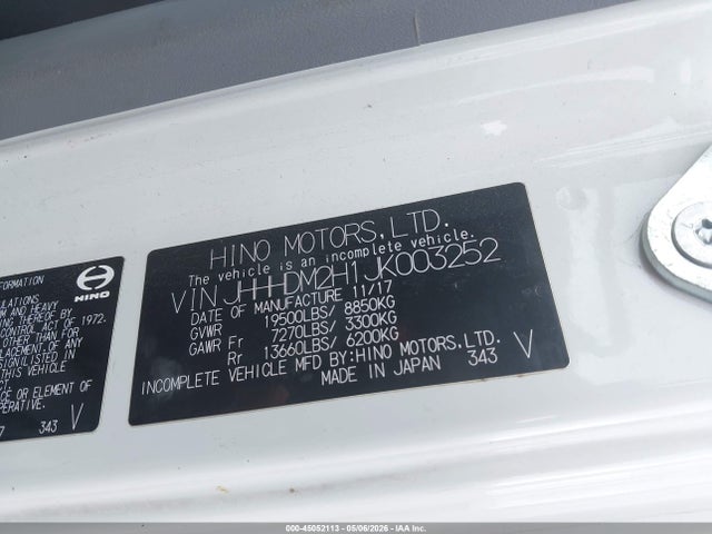 Продажа на аукционе авто 2018 Hino Xjc710/xfc710, vin: JHHHDM2H1JK003252, номер лота: 45052113
