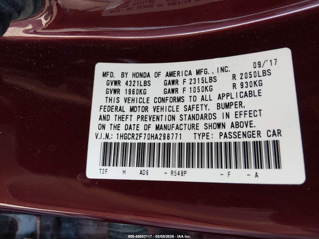 Продаж на аукціоні авто 2017 Honda Accord Ex, vin: 1HGCR2F70HA298771, номер лоту: 45052117