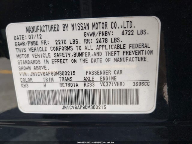 45052133 :رقم المزاد ، JN1CV6AP9DM300215 vin ، 2013 Infiniti G37 Journey مزاد بيع