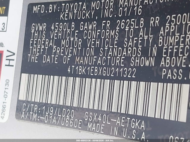 2016 Toyota Avalon Xle მანქანა იყიდება აუქციონზე, vin: 4T1BK1EBXGU211322, აუქციონის ნომერი: 45052136