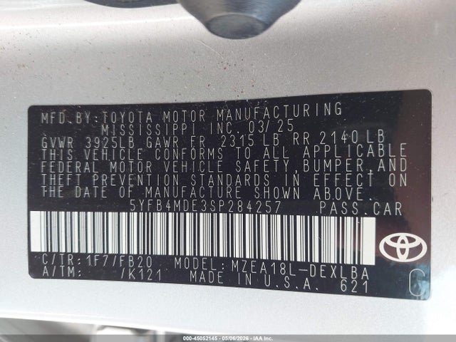 Aukcja sprzedaży 2025 Toyota Corolla Le, vin: 5YFB4MDE3SP284257, numer aukcji: 45052145