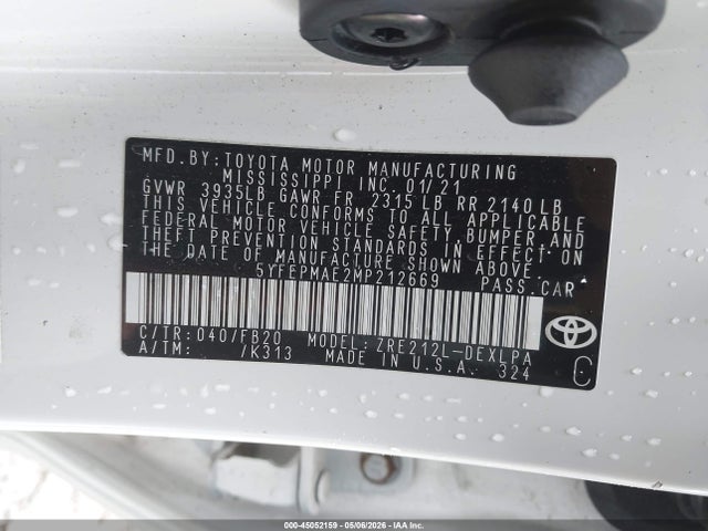 Aukcja sprzedaży 2021 Toyota Corolla Le, vin: 5YFEPMAE2MP212669, numer aukcji: 45052159