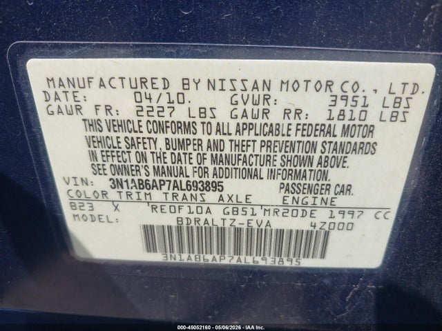 2010 Nissan Sentra 2.0s მანქანა იყიდება აუქციონზე, vin: 3N1AB6AP7AL693895, აუქციონის ნომერი: 45052160