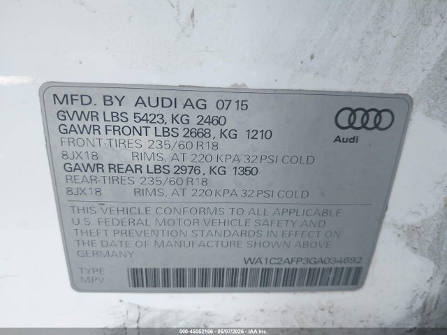 Aukcja sprzedaży 2016 Audi Q5 2.0t Premium, vin: WA1C2AFP3GA034692, numer aukcji: 45052166