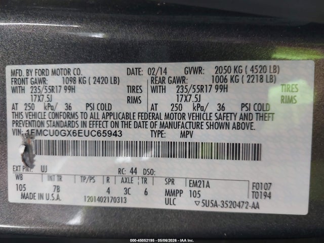 2014 Ford Escape Se მანქანა იყიდება აუქციონზე, vin: 1FMCU0GX6EUC65943, აუქციონის ნომერი: 45052195