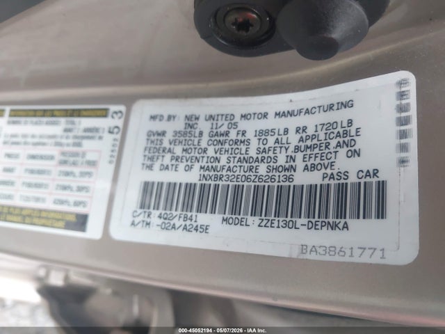 Aukcja sprzedaży 2006 Toyota Corolla Le, vin: 1NXBR32E06Z626136, numer aukcji: 45052194