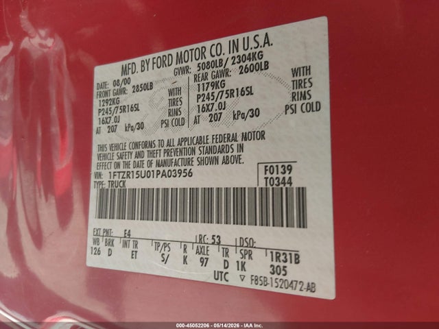 Aukcja sprzedaży 2001 Ford Ranger Edge/xlt, vin: 1FTZR15U01PA03956, numer aukcji: 45052206