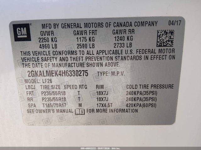Aukcja sprzedaży 2017 Gmc Terrain Sle-1, vin: 2GKALMEK4H6330275, numer aukcji: 45052222