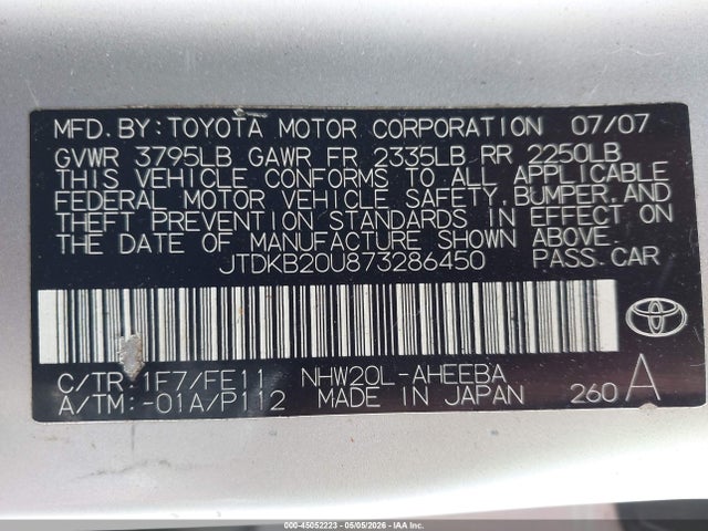 Aukcja sprzedaży 2007 Toyota Prius, vin: JTDKB20U873286450, numer aukcji: 45052223