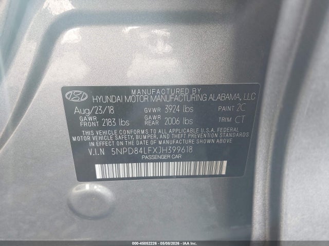 Aukcja sprzedaży 2018 Hyundai Elantra Sel, vin: 5NPD84LFXJH399618, numer aukcji: 45052226