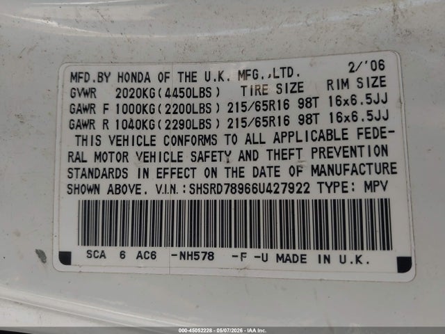45052228 :رقم المزاد ، SHSRD78966U427922 vin ، 2006 Honda Cr-v Se مزاد بيع