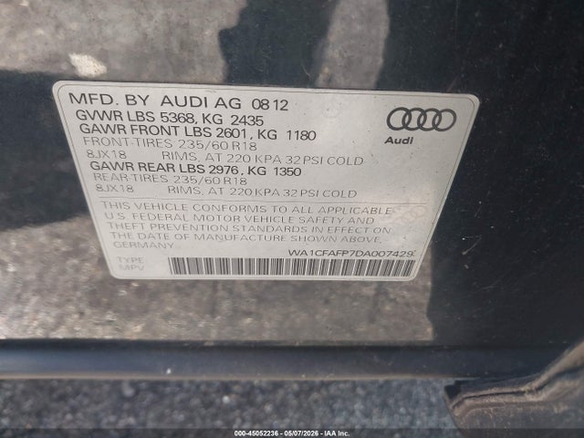45052236 :رقم المزاد ، WA1CFAFP7DA007429 vin ، 2013 Audi Q5 2.0t Premium مزاد بيع
