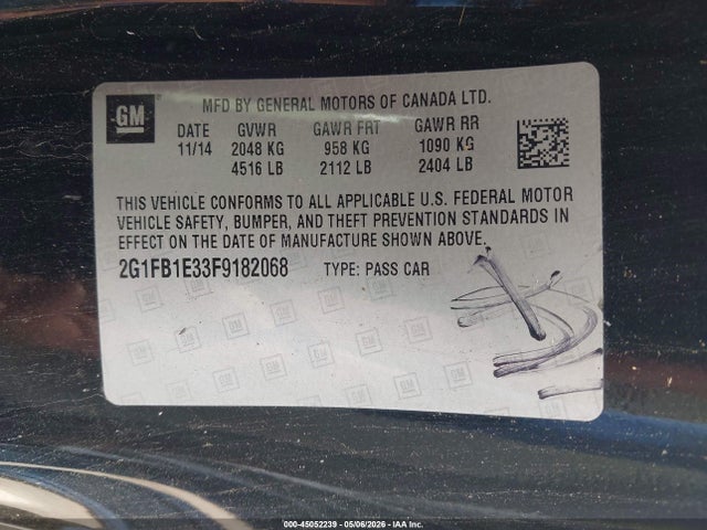 45052239 :رقم المزاد ، 2G1FB1E33F9182068 vin ، 2015 Chevrolet Camaro 2ls مزاد بيع