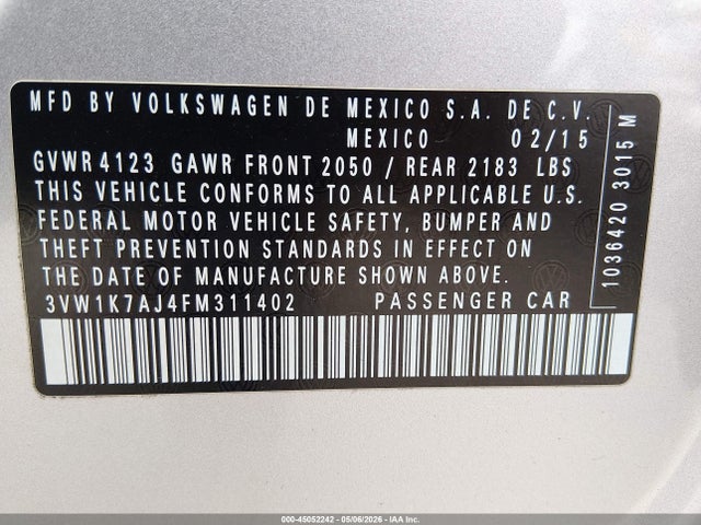 Продаж на аукціоні авто 2015 Volkswagen Jetta 2.0l S, vin: 3VW1K7AJ4FM311402, номер лоту: 45052242