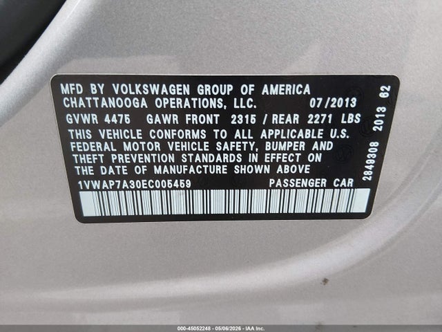 45052248 :رقم المزاد ، 1VWAP7A30EC005459 vin ، 2014 Volkswagen Passat 2.5l Wolfsburg Edition مزاد بيع