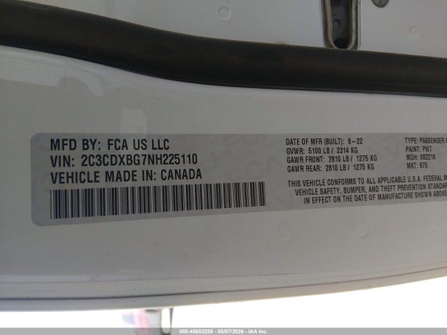 2022 Dodge Charger Sxt Rwd მანქანა იყიდება აუქციონზე, vin: 2C3CDXBG7NH225110, აუქციონის ნომერი: 45052258