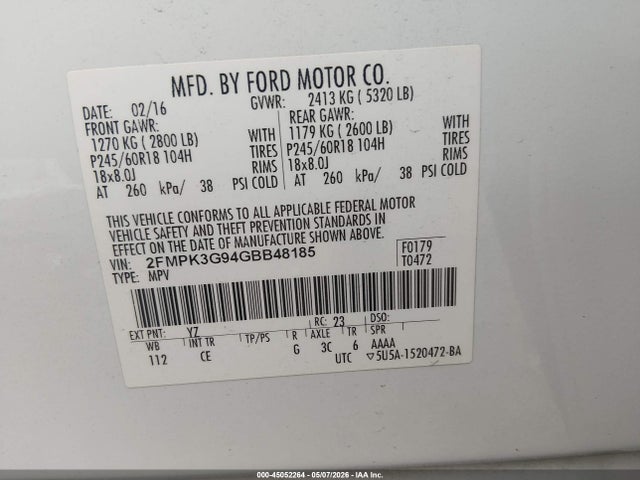 Продаж на аукціоні авто 2016 Ford Edge Se, vin: 2FMPK3G94GBB48185, номер лоту: 45052264