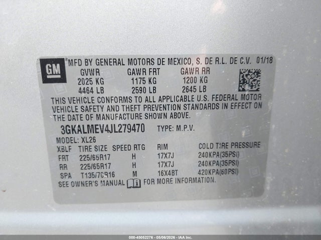 45052276 :رقم المزاد ، 3GKALMEV4JL279470 vin ، 2018 Gmc Terrain Sle مزاد بيع