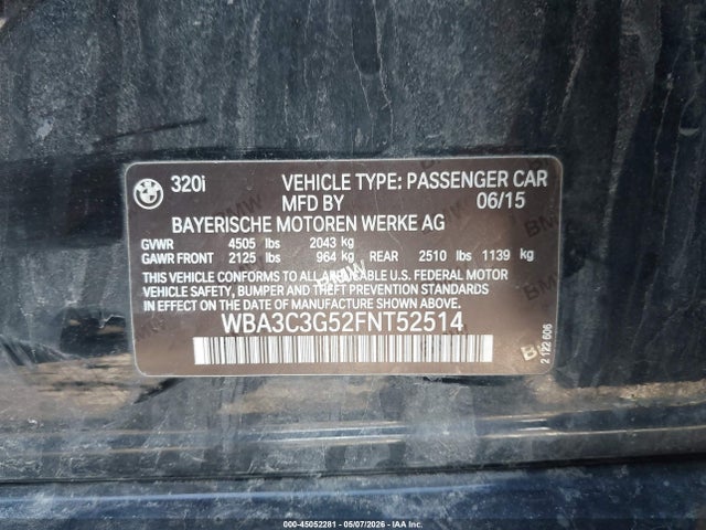 Aukcja sprzedaży 2015 Bmw 320i Xdrive, vin: WBA3C3G52FNT52514, numer aukcji: 45052281