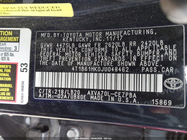 45052283 :رقم المزاد ، 4T1B61HK0JU048462 vin ، 2018 Toyota Camry Xse مزاد بيع