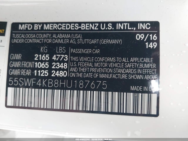 Aukcja sprzedaży 2017 Mercedes-benz C 300 4matic, vin: 55SWF4KB8HU187675, numer aukcji: 45052285