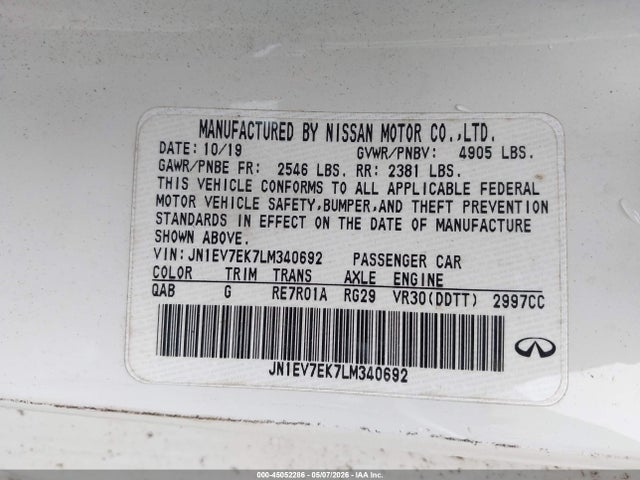 45052286 :رقم المزاد ، JN1EV7EK7LM340692 vin ، 2020 Infiniti Q60 Luxe مزاد بيع