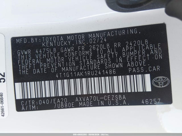 2024 Toyota Camry Se მანქანა იყიდება აუქციონზე, vin: 4T1G11AK1RU241486, აუქციონის ნომერი: 45052293