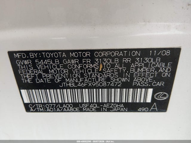 Aukcja sprzedaży 2009 Lexus Ls 460, vin: JTHBL46FX95087472, numer aukcji: 45052295