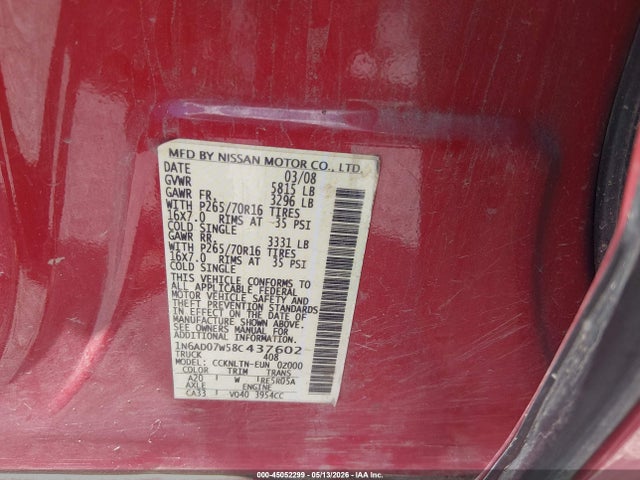 Продажа на аукционе авто 2008 Nissan Frontier Se, vin: 1N6AD07W58C437602, номер лота: 45052299