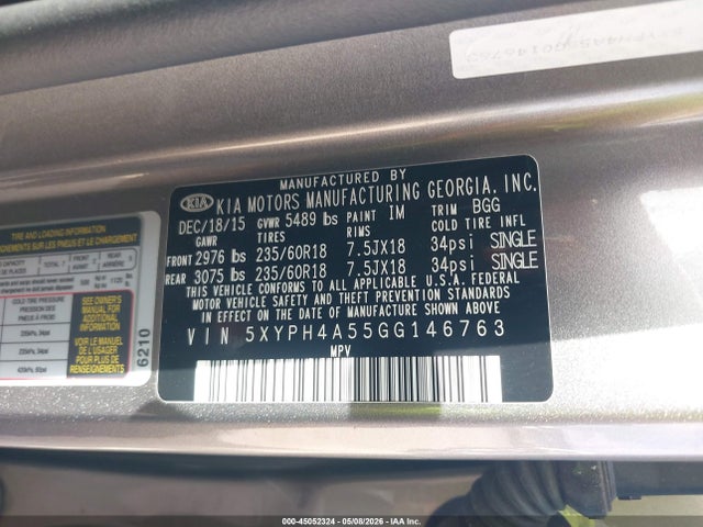 45052324 :رقم المزاد ، 5XYPH4A55GG146763 vin ، 2016 Kia Sorento 3.3l Ex مزاد بيع
