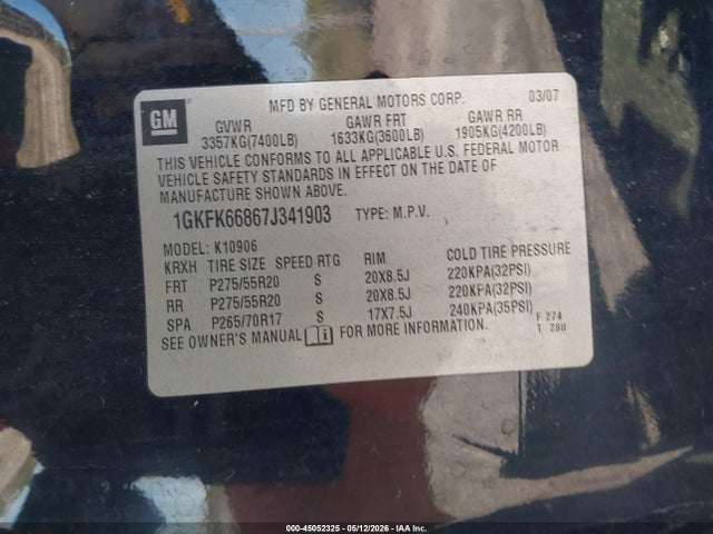 Продажа на аукционе авто 2007 Gmc Yukon Xl 1500 Denali, vin: 1GKFK66867J341903, номер лота: 45052325