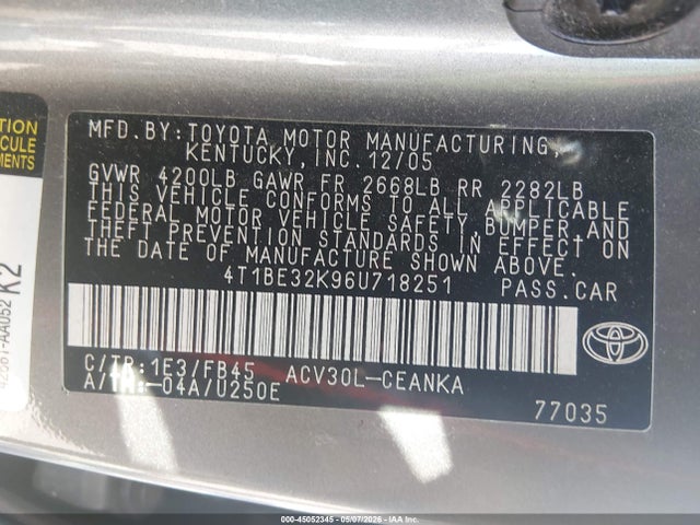 Продаж на аукціоні авто 2006 Toyota Camry Le, vin: 4T1BE32K96U718251, номер лоту: 45052345