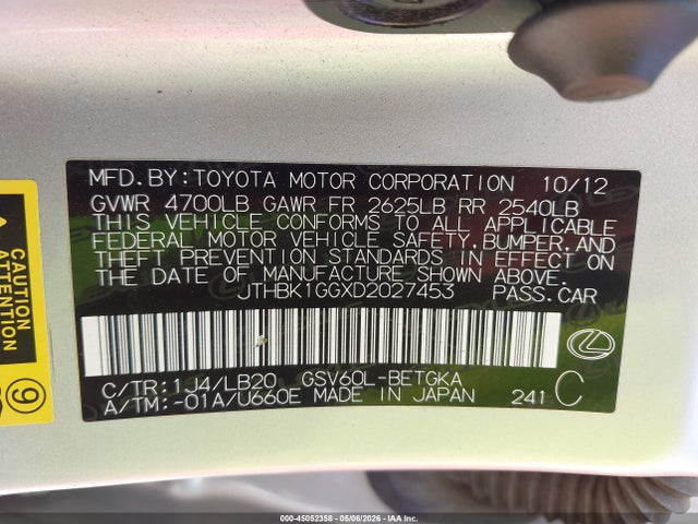 2013 Lexus Es 350 მანქანა იყიდება აუქციონზე, vin: JTHBK1GGXD2027453, აუქციონის ნომერი: 45052358