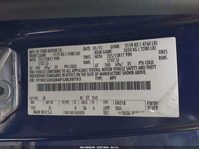Ford ESCAPE SE 2015 1FMCU0G94FUB39793 Image 9