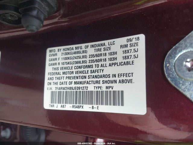 45052362 :رقم المزاد ، 7FARW2H89JE091272 vin ، 2018 Honda Cr-v Ex-l/ex-l Navi مزاد بيع