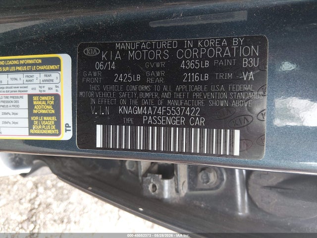 2015 Kia Optima Lx მანქანა იყიდება აუქციონზე, vin: KNAGM4A74F5537422, აუქციონის ნომერი: 45052373