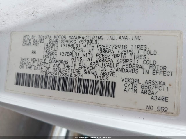 Aukcja sprzedaży 2003 Toyota Tundra Sr5, vin: 5TBRN34173S403674, numer aukcji: 45052384
