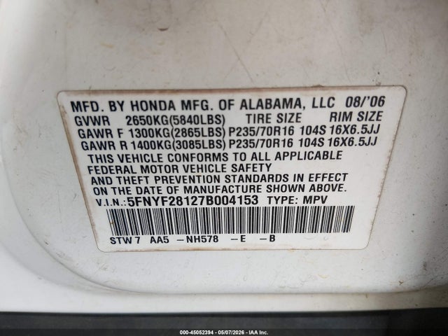 45052394 :رقم المزاد ، 5FNYF28127B004153 vin ، 2007 Honda Pilot Lx مزاد بيع