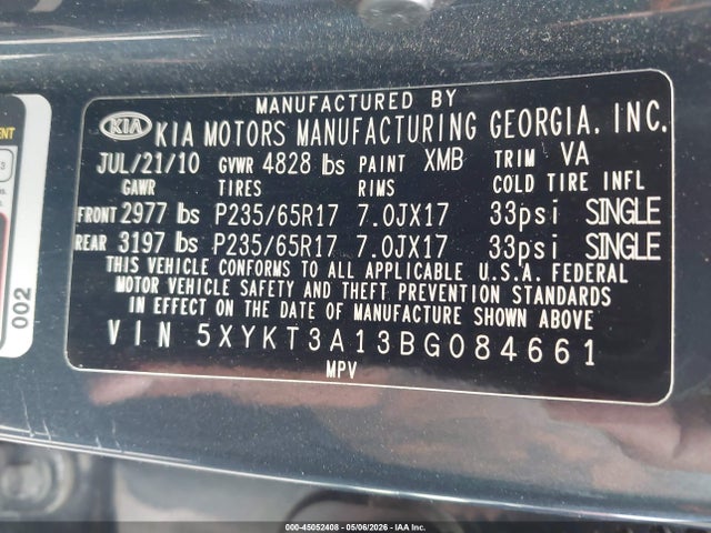 2011 Kia Sorento Lx მანქანა იყიდება აუქციონზე, vin: 5XYKT3A13BG084661, აუქციონის ნომერი: 45052408
