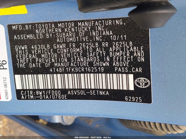 Продаж на аукціоні авто 2012 Toyota Camry Le, vin: 4T4BF1FK9CR162519, номер лоту: 45052409