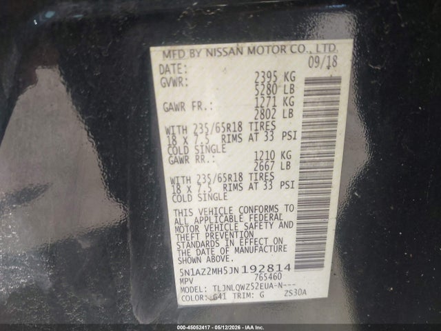 Aukcja sprzedaży 2018 Nissan Murano Sv, vin: 5N1AZ2MH5JN192814, numer aukcji: 45052417