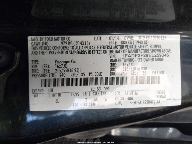 45052419 :رقم المزاد ، 1FADP3F29EL259346 vin ، 2014 Ford Focus Se مزاد بيع