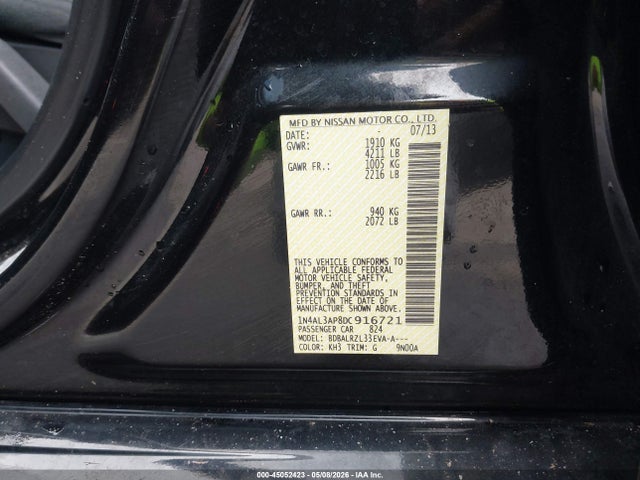 2013 Nissan Altima 2.5 S მანქანა იყიდება აუქციონზე, vin: 1N4AL3AP8DC916721, აუქციონის ნომერი: 45052423