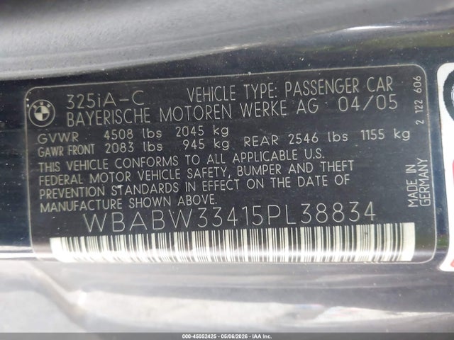 Aukcja sprzedaży 2005 Bmw 325ci, vin: WBABW33415PL38834, numer aukcji: 45052425