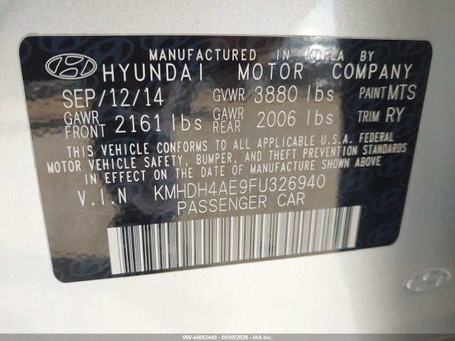 Hyundai Elantra Limited 2015 KMHDH4AE9FU326940 Image 9